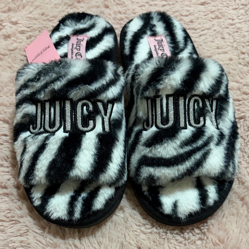 Juicy Couture Black and White Furry Slides